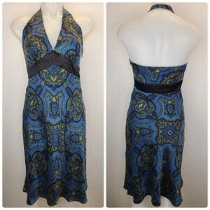 Laundry Shelli Segal 100% Silk Midi Halter Dress Blue Gold Vintage Y2K 6